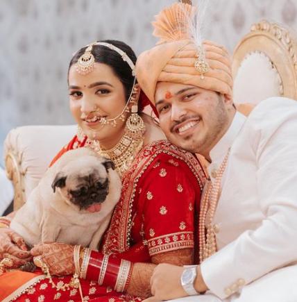 Shubham Gaur with his wife and a pet dog